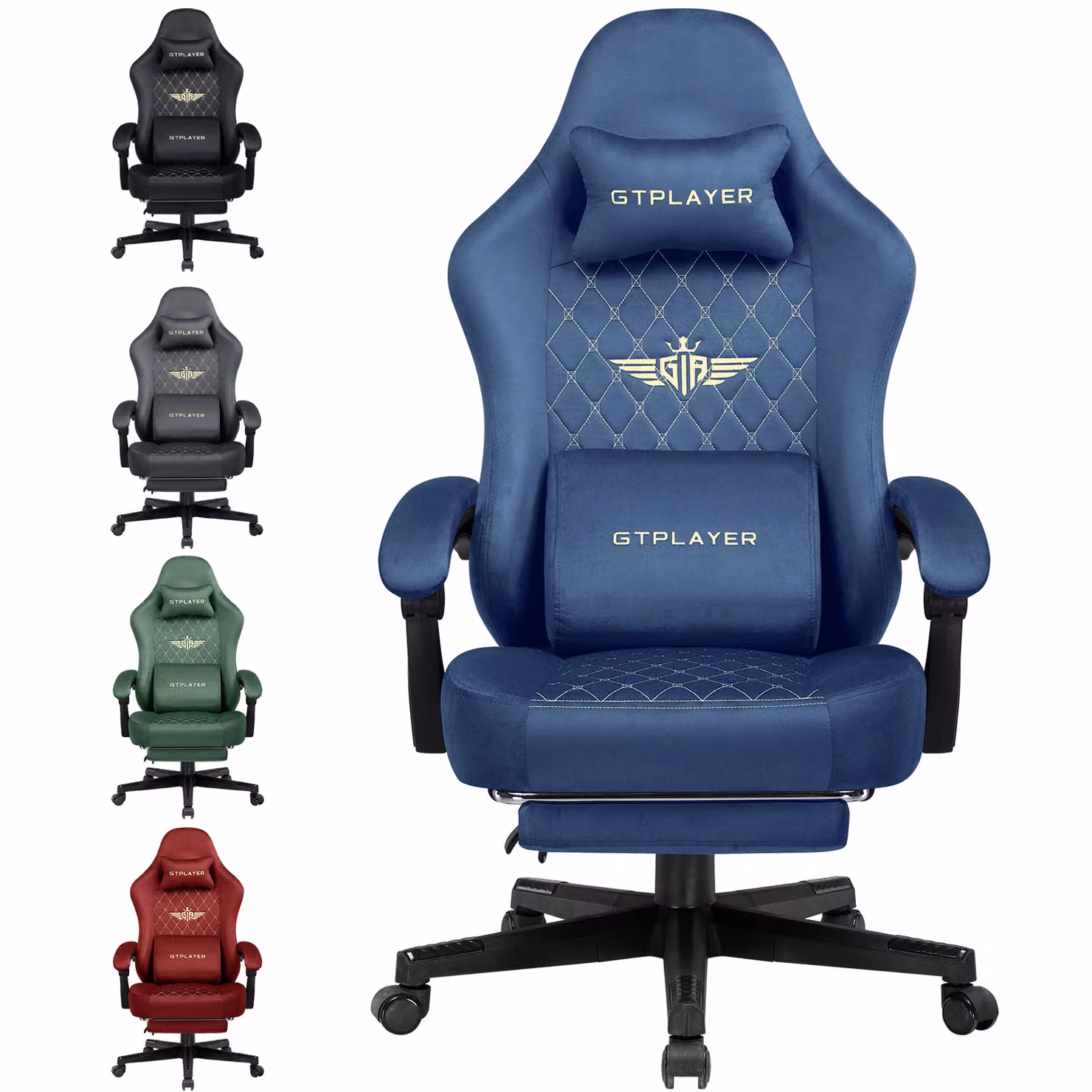 GTPLAYER Sedia da gioco in tessuto Sedia da gioco ergonomica per ufficio Sedia per PC, Sedia da scrivania regolabile e girevole con poggiapiedi, blu
