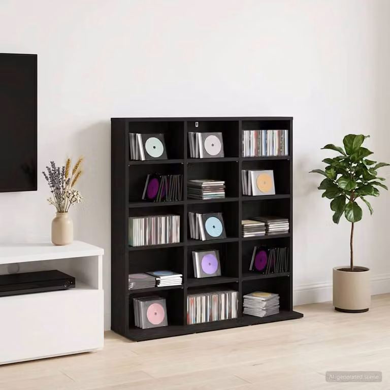 Mobile per CD vidaXL Rovere Nero con ripiani regolabili e scomparti multimediali L 96 x P 23,5 x H 97,5 cm