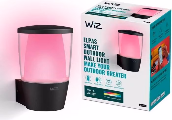 WIZ ELPAS Lampada da parete esterna intelligente Wi-Fi, colore regolabile, IP44, compatibile con Alexa e Google Assistant, nero