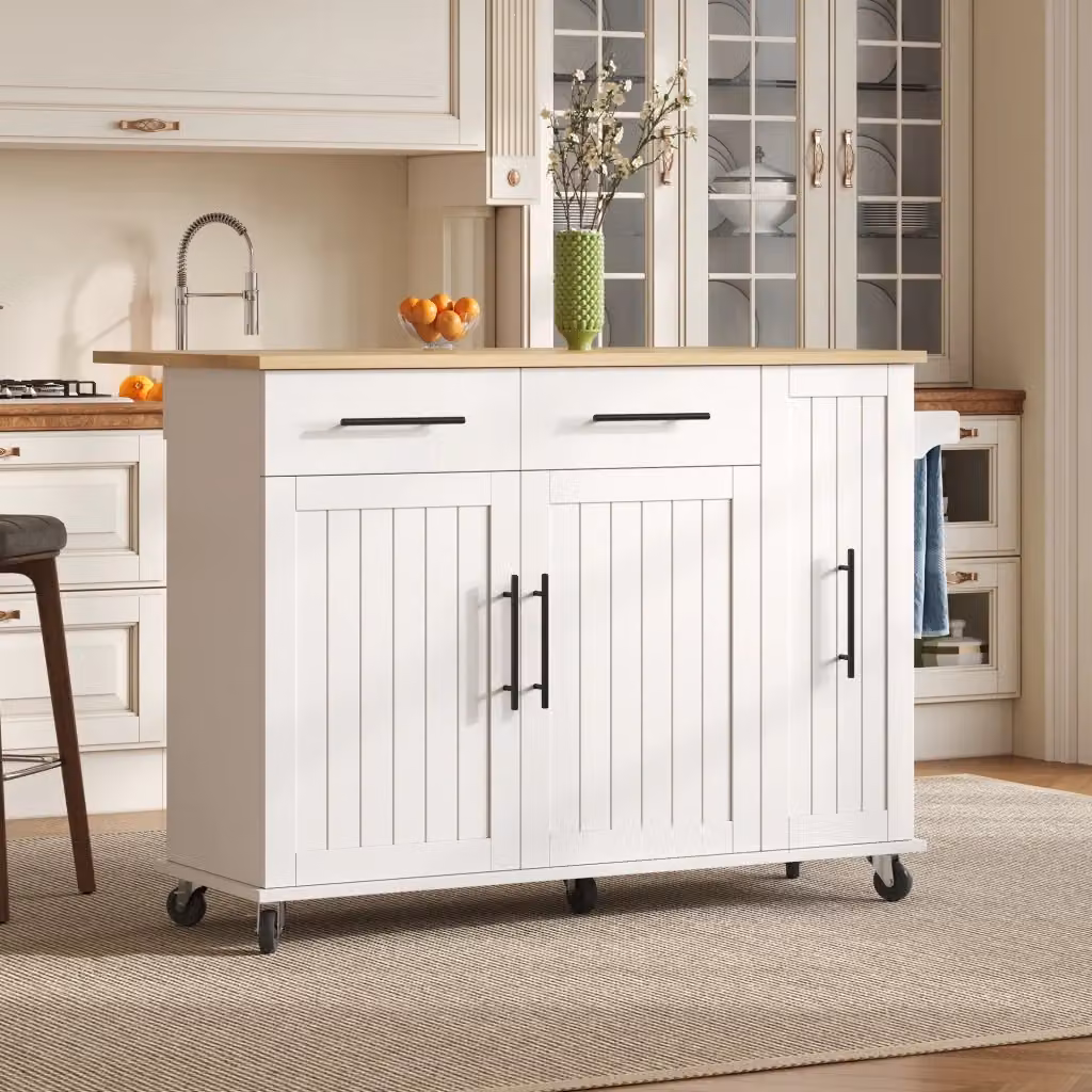 Isola da cucina mobile con piano ribaltabile, 2 cassetti e contenitori estraibili, bianco e beige, L 120 x P 40 x H 90 cm – 2
