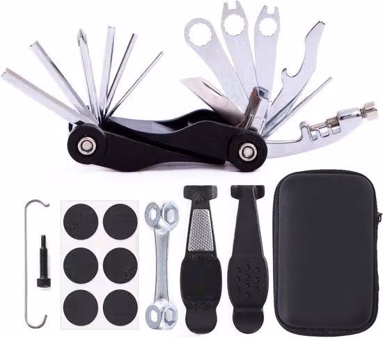 Kit di riparazione multiuso per biciclette - set di attrezzi per biciclette con attrezzi per la catena e kit di riparazione pneumatici - borsa porta attrezzi portatile, valigetta per attrezzi da bicicletta