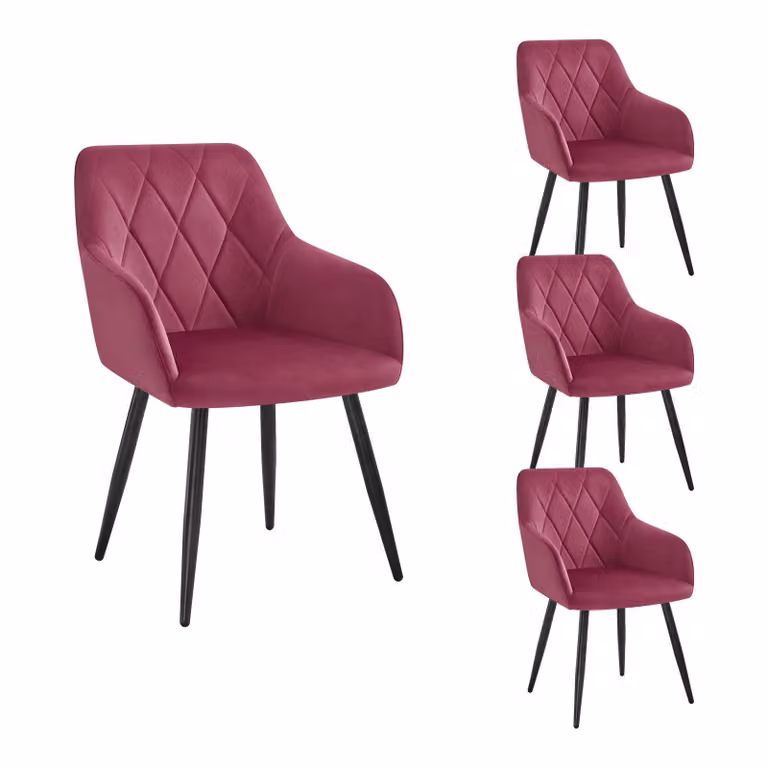 WOLTU Set di 4 sedie per sala da pranzo con schienale a braccioli, sedia per sala da pranzo con rivestimento in velluto, comoda sedia imbottita, sedia da cucina con gambe in metallo, bordeaux
