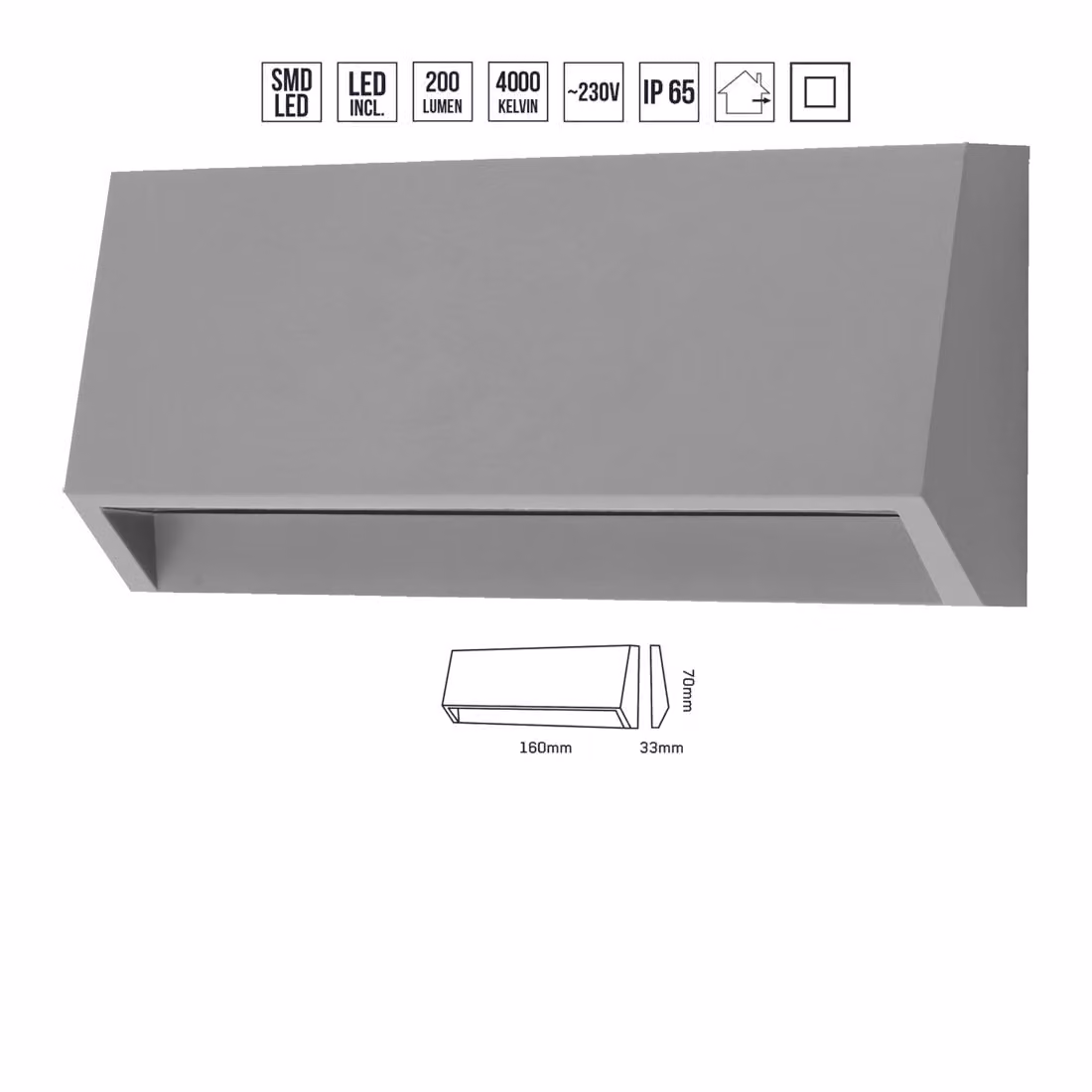 Applique LED RADIX downlight 3.8W,4000K,IP65, grigio L: 160, L: 33, H: 70, attacco SMD LED