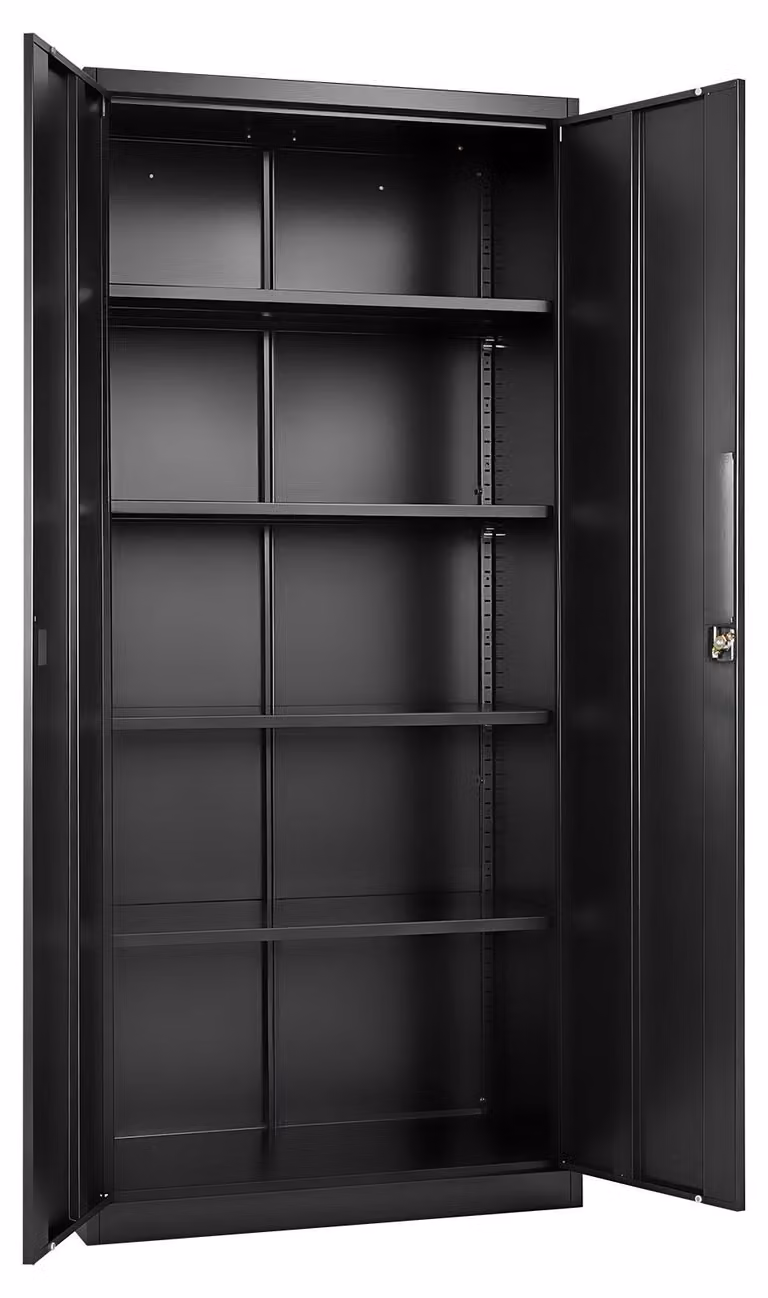 SucceBuy Armadio portadocumenti in acciaio 80x40x175 cm, chiudibile a chiave con 4 ripiani regolabili, 2 ante magnetiche, 2 chiavi e 5 livelli, ideale per magazzini, cantine, lavanderie e uffici, nero