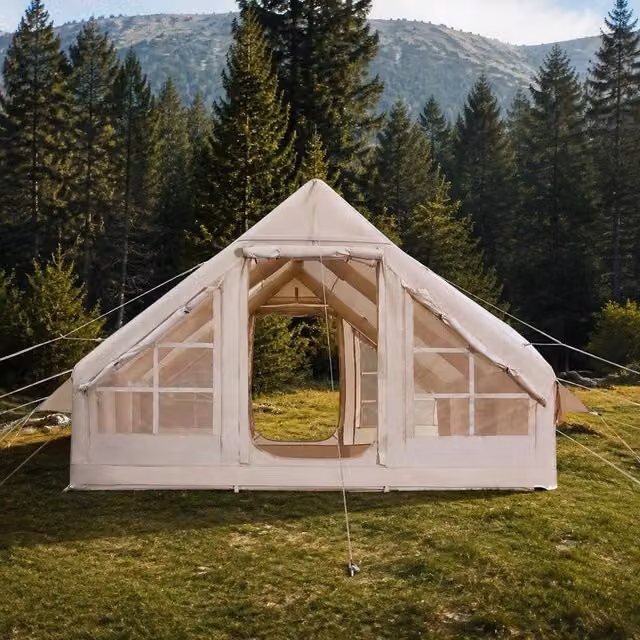 Inflatable Camping Tent 4x3x2 M, 5-8 Persons, 300D Oxford Glamping Tent With Stove Connection, Hand Pump, 2 Doors & 4 Mesh Windows, Incl. Storage Bag For Easy Transport