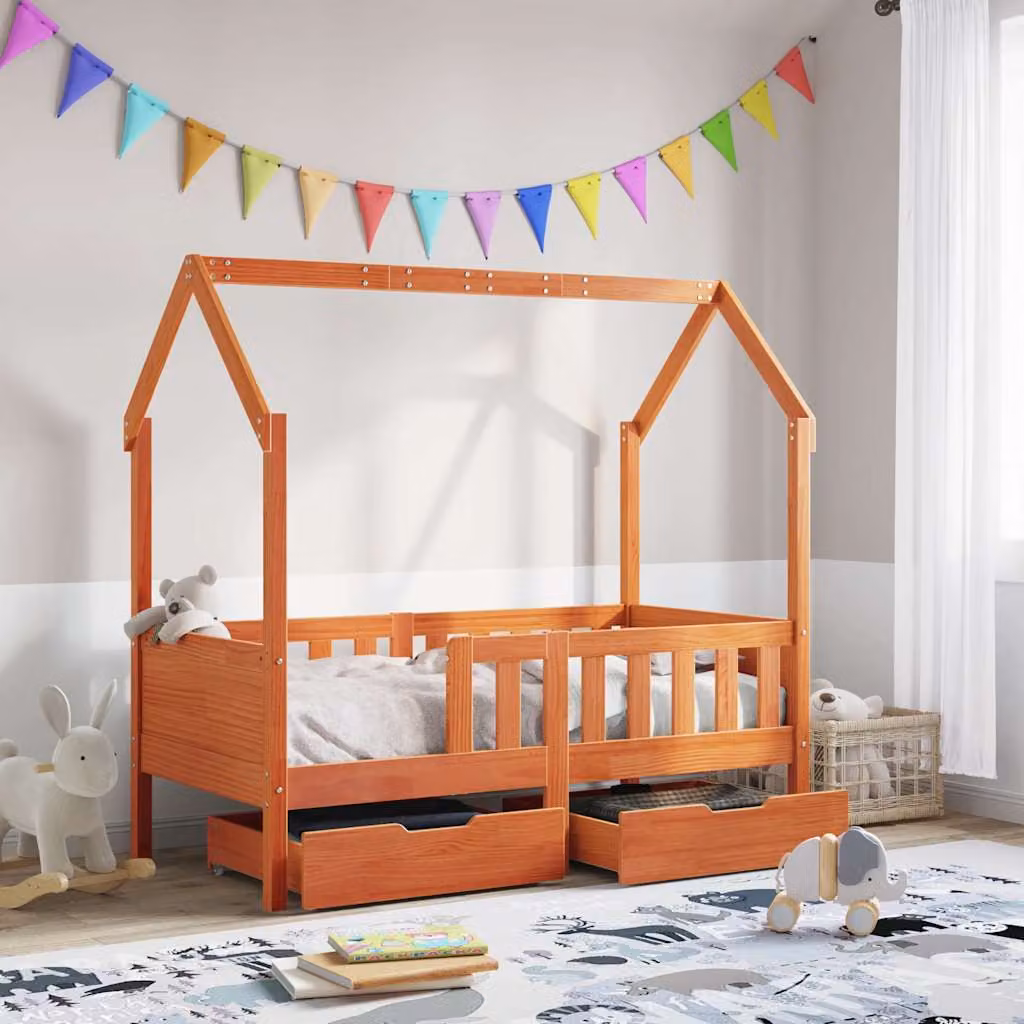 vidaXL Giroletto per Bambini in Legno Massello di Pino con Cassetti, Colore Marrone, L 80 x P 160 cm, H 169 cm – 1
