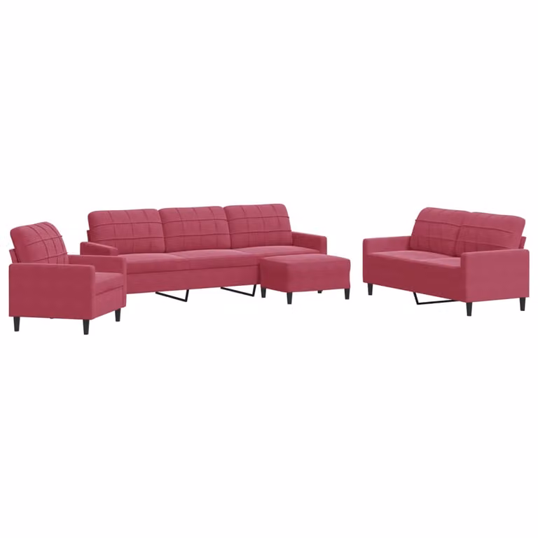 Set di Divani 4 pz con Cuscini Rosso Vino in Velluto