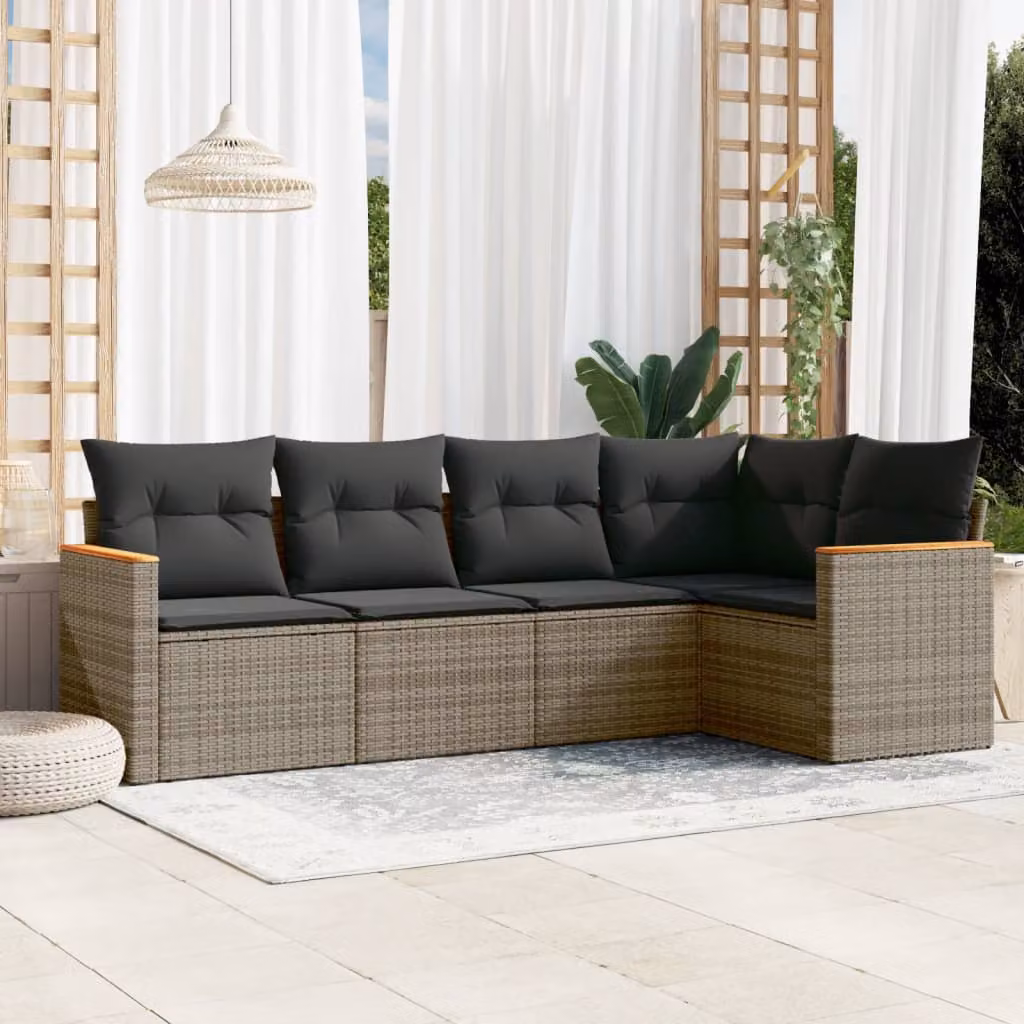 vidaXL Set Divano da Giardino a L 5 pz in Polyrattan Grigio con Cuscini Imbottiti e Rivestimenti Rimovibili – 1