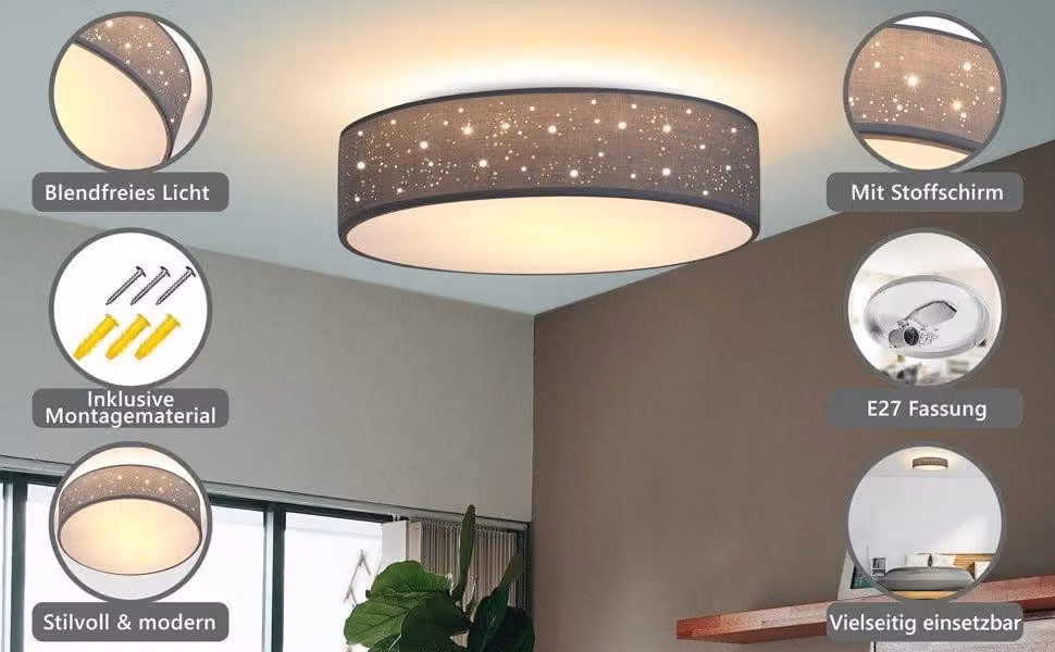 Lampada da soffitto in tessuto 30 cm grigio - attacco E27, antiriflesso