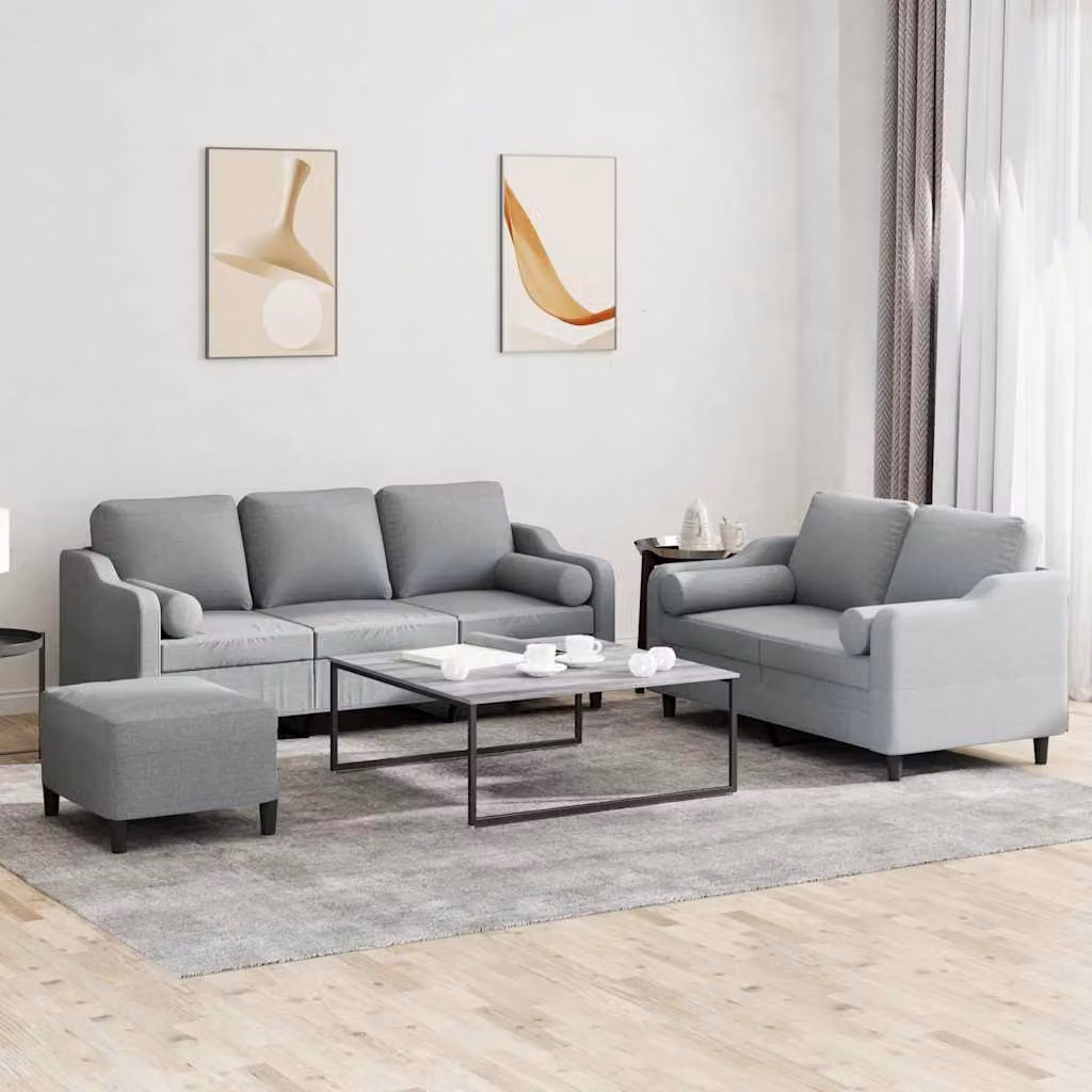 Set di Divani vidaXL 3 Pezzi con Pouf e Cuscini in Tessuto Grigio Moderno – 1
