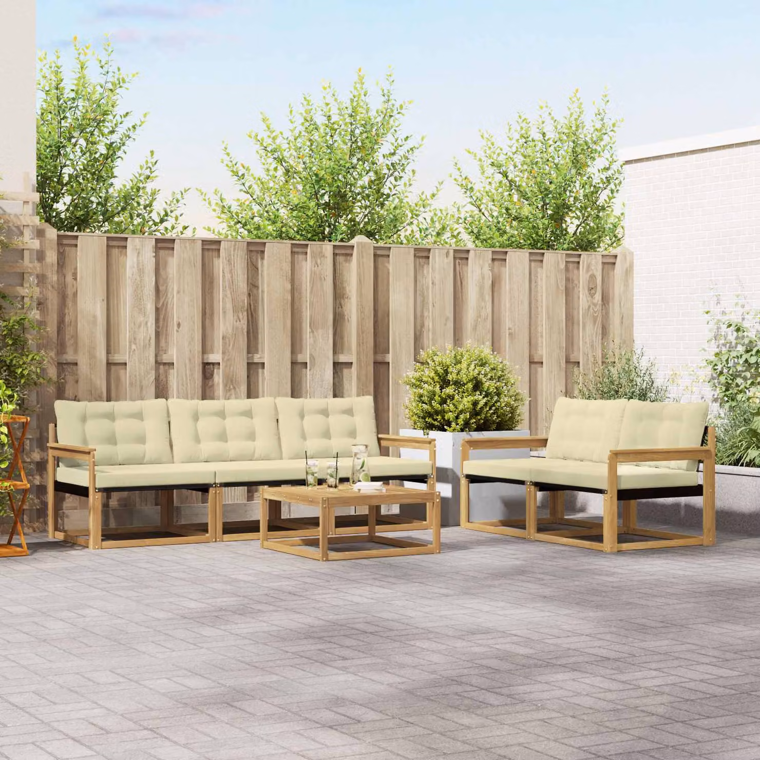 Set di divani da esterno vidaXL 6 pz in legno di acacia con tavolo da caffè e cuscini, Bianco, Beige e Marrone