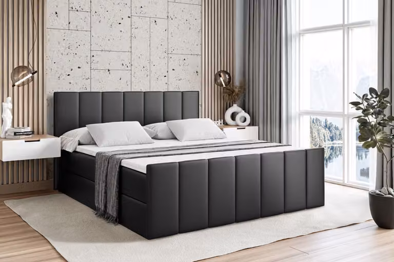 Letto boxspring ALTDECOR con pediera, materasso H3 e topper - 180x200 cm - MOETI-Z - Pelle finta nera - Letto imbottito con contenitore e rete a doghe, letto con spazio contenitivo