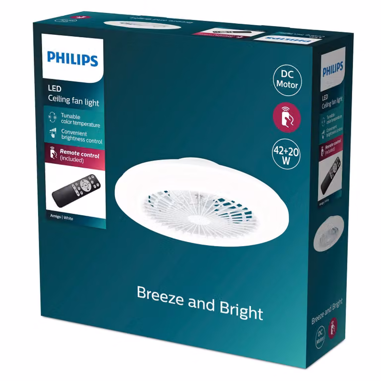 Philips Ventilatore da soffitto LED Amigo, bianco lucido, 49 cm, CCT dimmerabile, Bianco / Opale, Soggiorno / Sala da pranzo, Plastica, Moderno