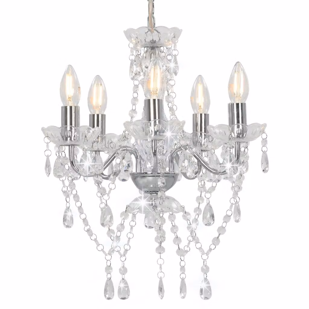The Living Store Lampadario con perle di cristallo argento rotondo 5 x E14
