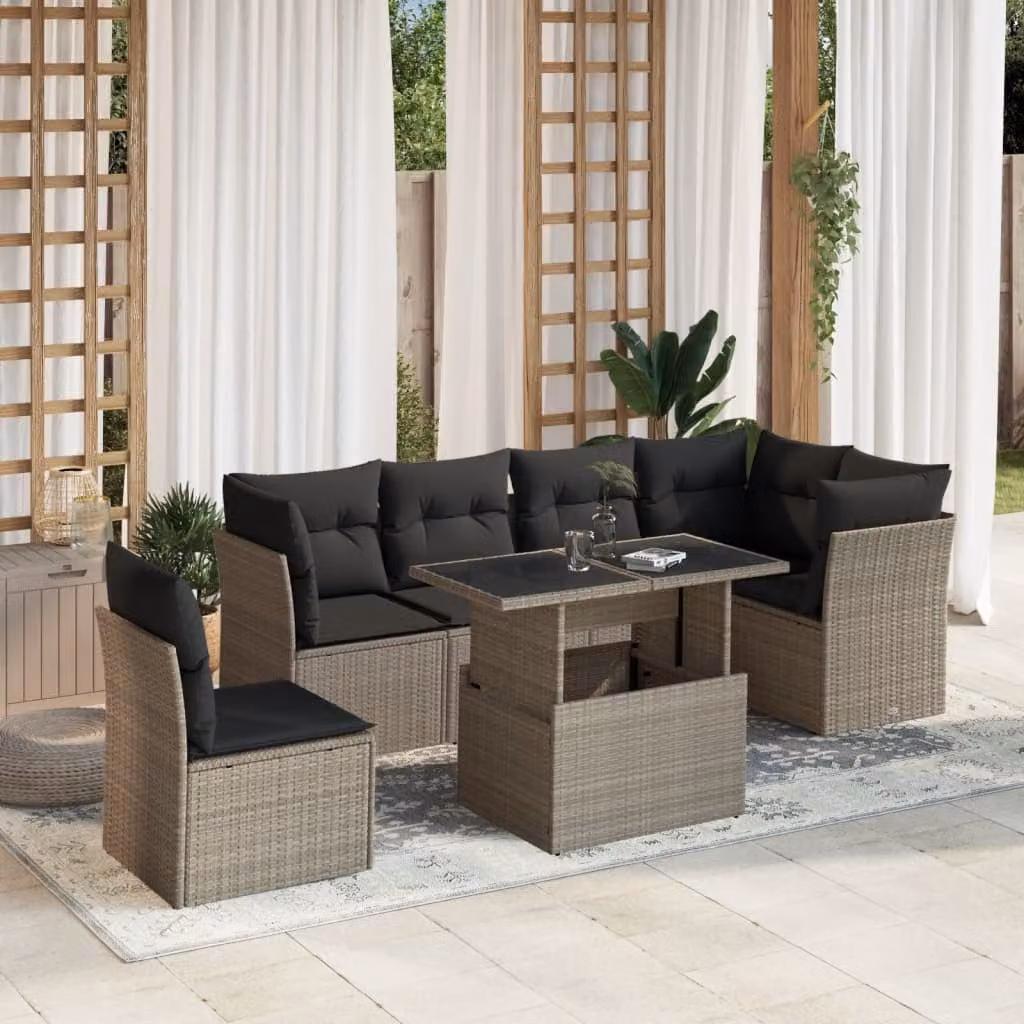 vidaXL Set Divani da Giardino 7pz a Forma a L con Cuscini Antracite e Tavolino in Vetro – 1
