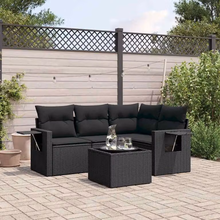vidaXL Set Divani da Giardino a L 5 pz in Polyrattan Nero con Cuscini e Tavolino