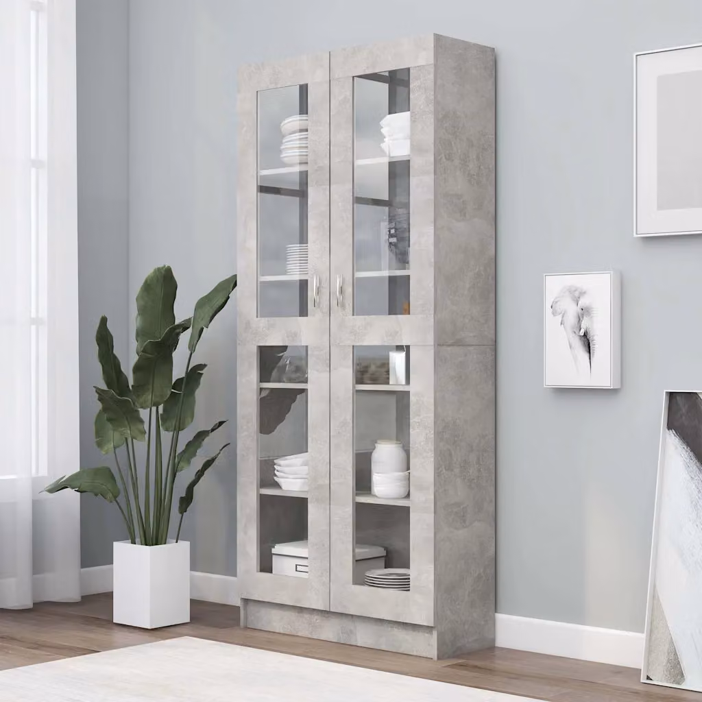 Armadietto Vetrina vidaXL in Multistrato e Vetro, Grigio, L: 82,5 cm, P: 30,5 cm, H: 185 cm – 1