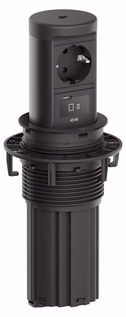 BACHMANN ELEVATOR2, 1 presa CEE7/3, 1 porta USB C/C45W, caricabatterie wireless 15W, colore RAL 9005, lunghezza cavo 2,0 metri, modello AEH