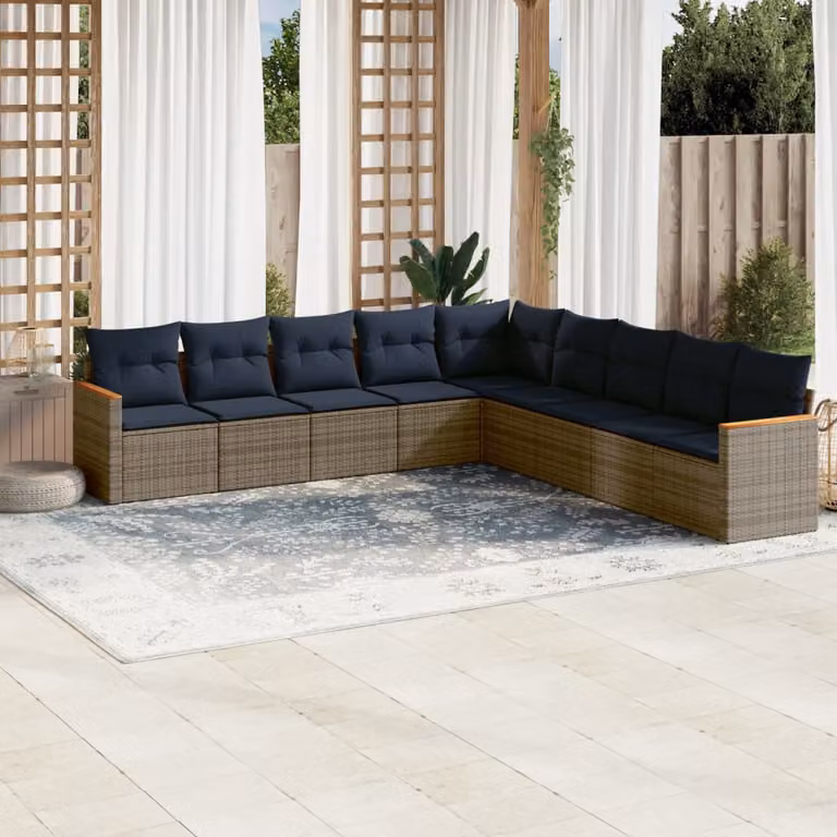 Set di divani da giardino vidaXL in polyrattan a forma di L con 9 pezzi e cuscini, colore grigio