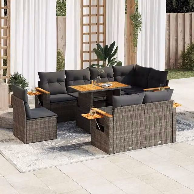 Set Divano da Giardino 9pz con Cuscini Grigio Polyrattan Acacia 3327616
