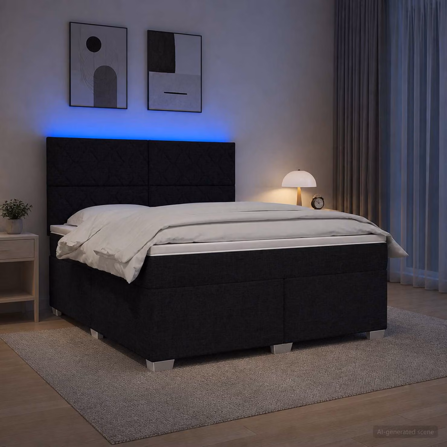 Letto box spring vidaXL con materasso nero in tessuto e legno, dotato di illuminazione sottostante e porta USB, L/P: 160 x 200 cm