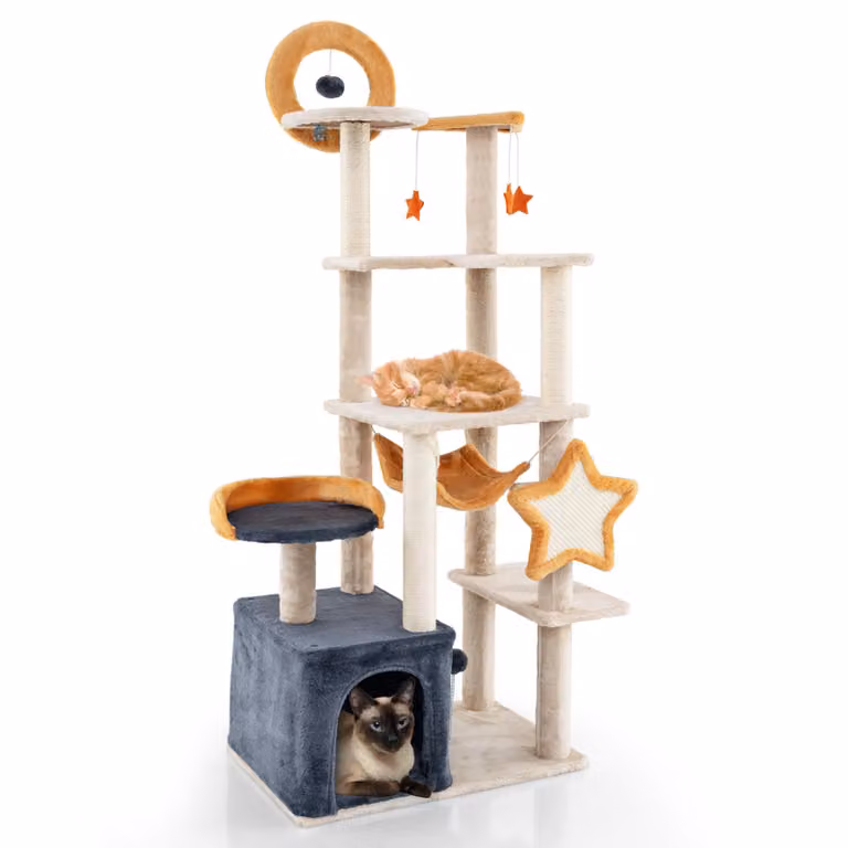 Tiragraffi COSTWAY da 160 cm, albero per gatti multipiano con tiragraffi e tavoletta in sisal, casetta, sedile in peluche, piattaforme, giocattolo appeso, torre per gatti con palla gonfiabile