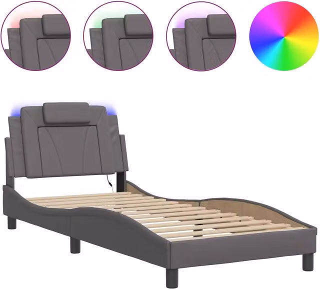 Letto singolo Viana con LED e porta USB in ecopelle grigia L 80 cm x P 200 cm