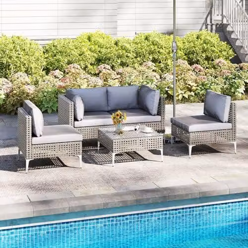 Set di mobili da giardino per 4 persone, mobili da lounge in rattan per esterni, set di mobili da giardino per relax all'aperto, mobili per balcone adatti a piccoli spazi, mobili da terrazzo per esterni con cuscini, gruppo sedute da giardino con tavolo, s