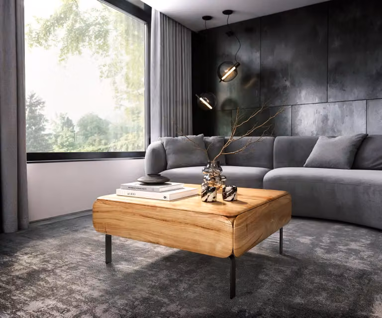 Tavolino DELIFE modello Shavani, 90x90 cm, legno di acacia naturale, 2 ante, base a forma di "L" in metallo nero