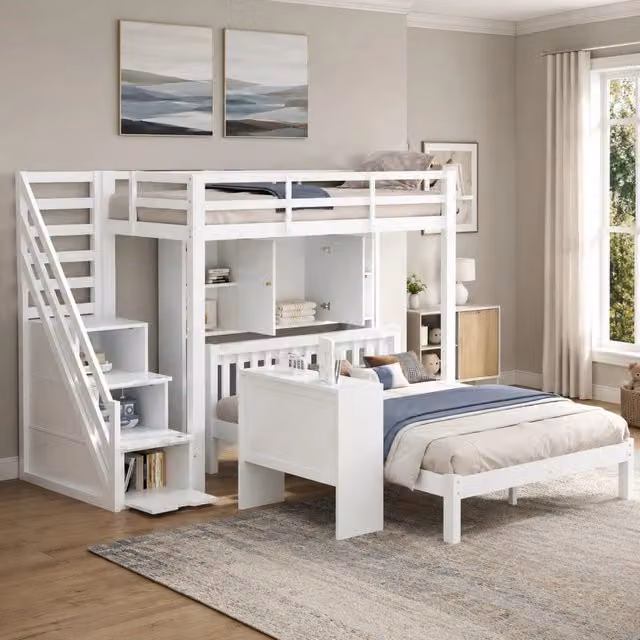 Letto a castello per bambini 90x200 e 140x200 cm con scala contenitore in legno massello e MDF bianco