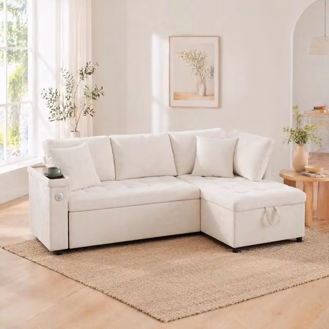 Divano angolare destro 3 posti con letto estraibile; contenitore; USB; ciniglia beige 209x130x84 cm