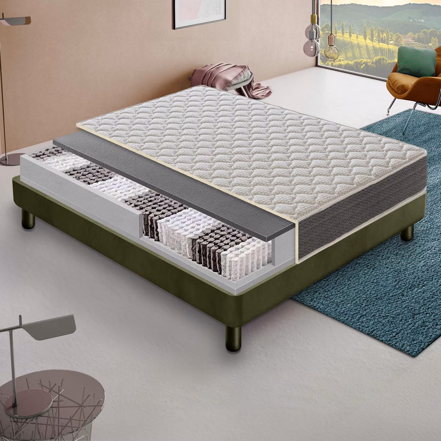 Materasso 200x200 cm, Alto 22 cm, 800 Molle Insacchettate, Ortopedico e Indeformabile Rigidità H3, Schiuma HR 6 cm, 100% Italy