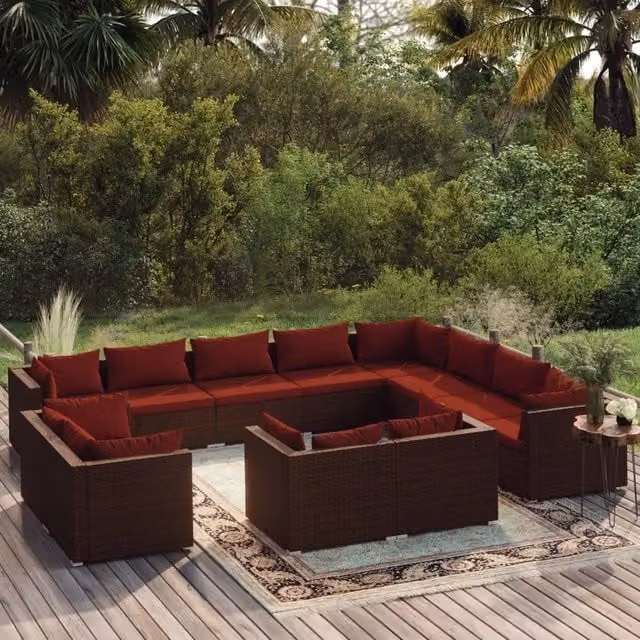 Set di divani da giardino a forma di U vidaXL con cuscini marroni e rossi in rattan e struttura in metallo – 1