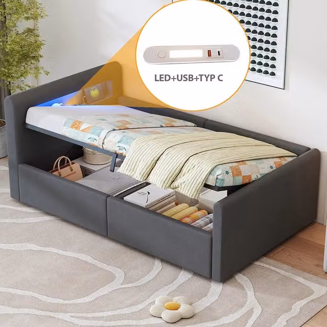 Letto bambino-Xylo-90x200 cm-LED, USB, idraulico, velluto grigio scuro