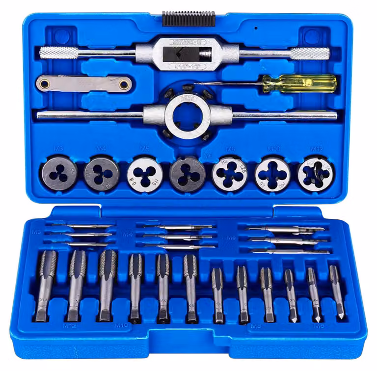 Omgoods - Set di 32 pezzi - Filettatura metrica - Utensili per viti - Acciaio di alta qualità - Resistente e antiurto - Include custodia portaoggetti - Set di filettature
