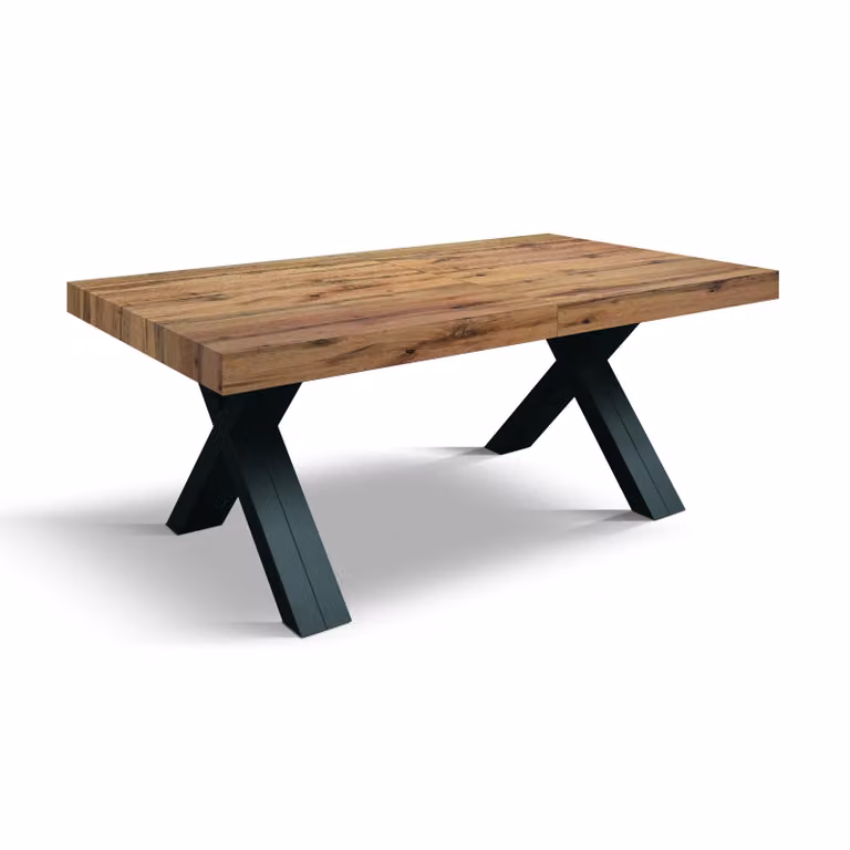 Tavolo GALLIPOLI in legno nobilitato effetto rovere rustico con gambe a X in legno antracite, allungabile 180×90 cm – 480×90 cm