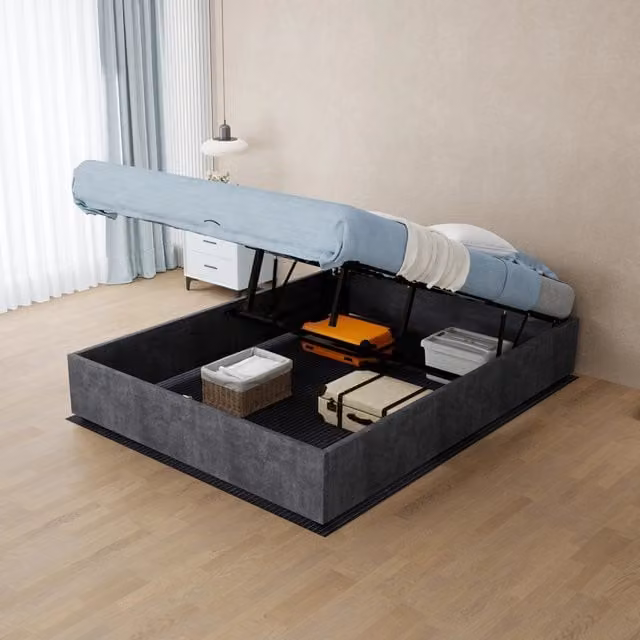 Letto matrimoniale 140x200 cm in tessuto e metallo grigio con materasso incluso