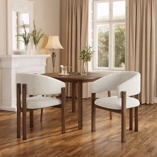 Set di 4 sedie con braccioli in lino beige e struttura in metallo effetto noce