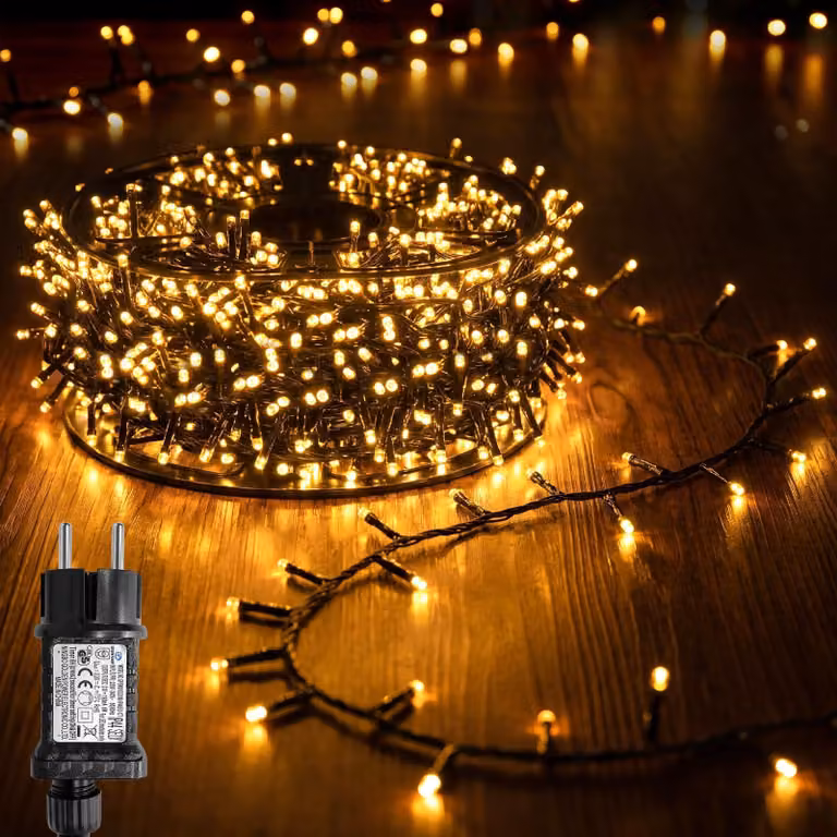 Catena luminosa con 1000 LED, lunghezza 25 metri, luce bianca calda, grado di protezione IP44, adatta per uso esterno