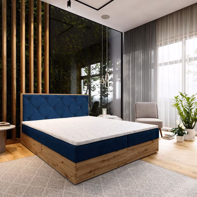 Letto a molle Masseno FOSCO 160x200 cm completo di materasso e topper Bonell, letto imbottito con cassettiera - blu, KRONOS 09