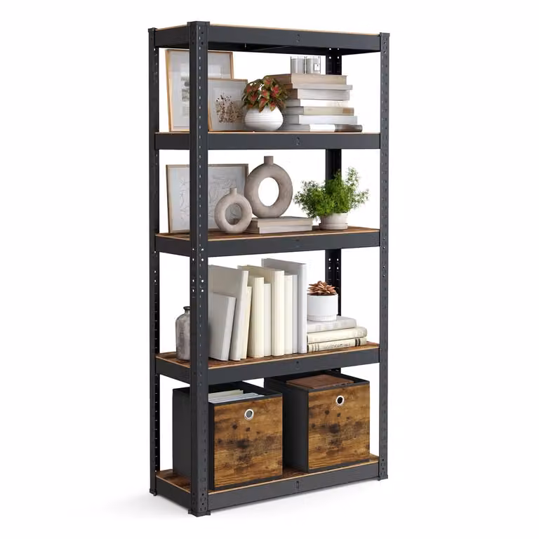 Scaffalatura con Ripiani Regolabili per Soggiorno, Cucina, Marrone Vintage + Nero / 30P x 75L x 150A cm / 1