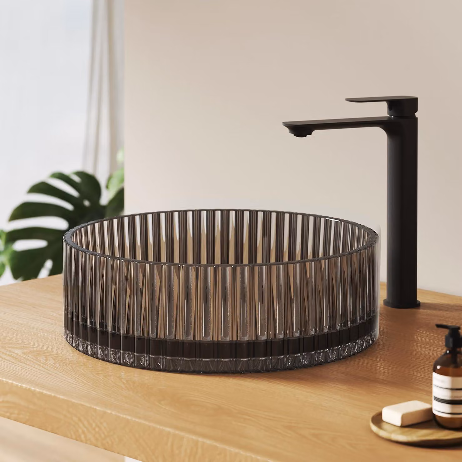 EMKE, lavabo da appoggio in vetro, forma rotonda, 40 x 40 x 12 cm, colore nero