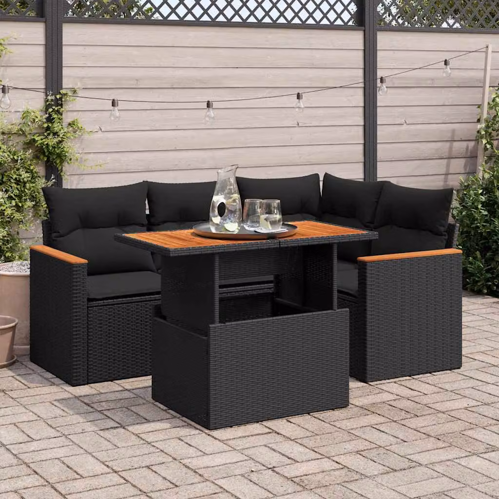 Set Divani da Giardino vidaXL 5 Pezzi in Polyrattan Nero con Cuscini e Tavolino in Legno di Acacia