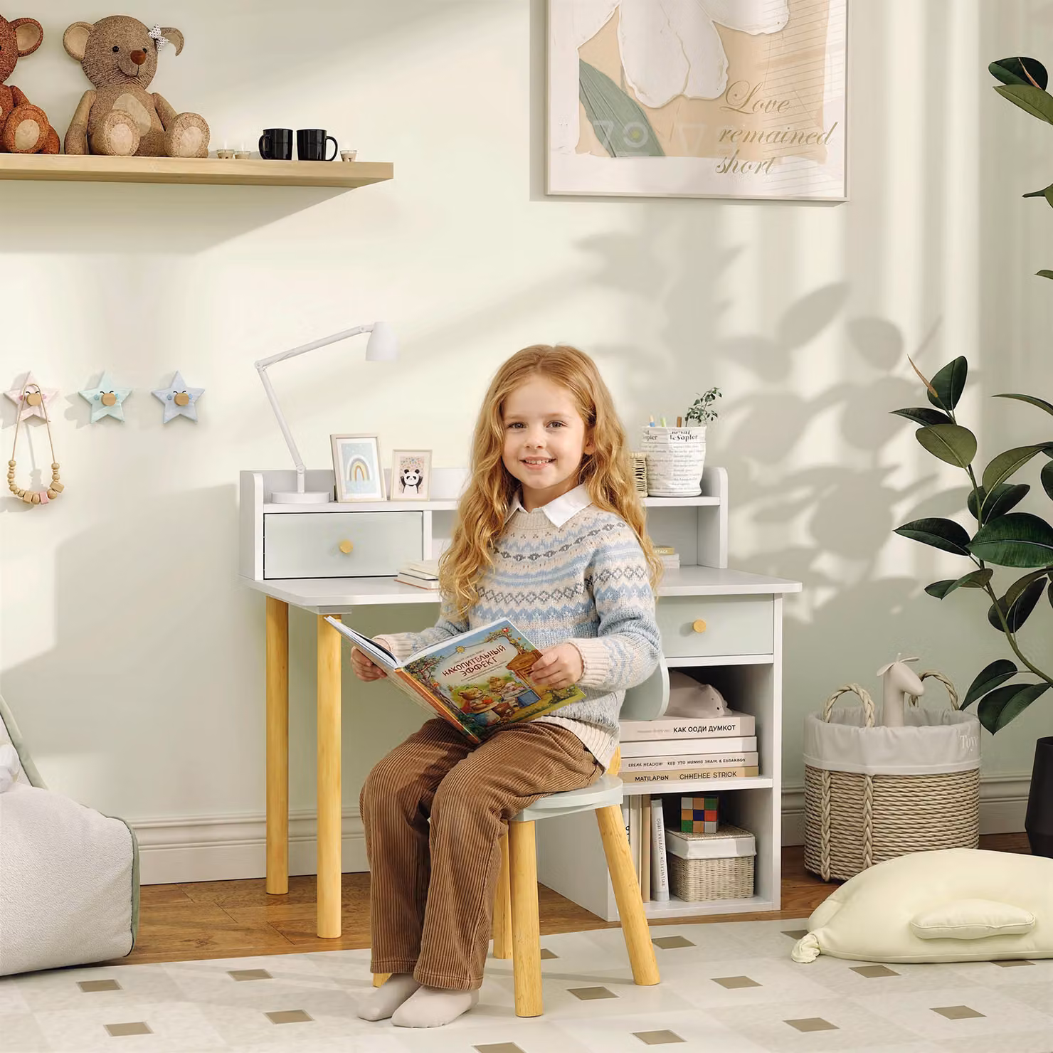 Set Scrivania e Sedia per Bambini AIYAPLAY in Legno con 2 Cassetti e Ripiani, Verde e Bianco – 2