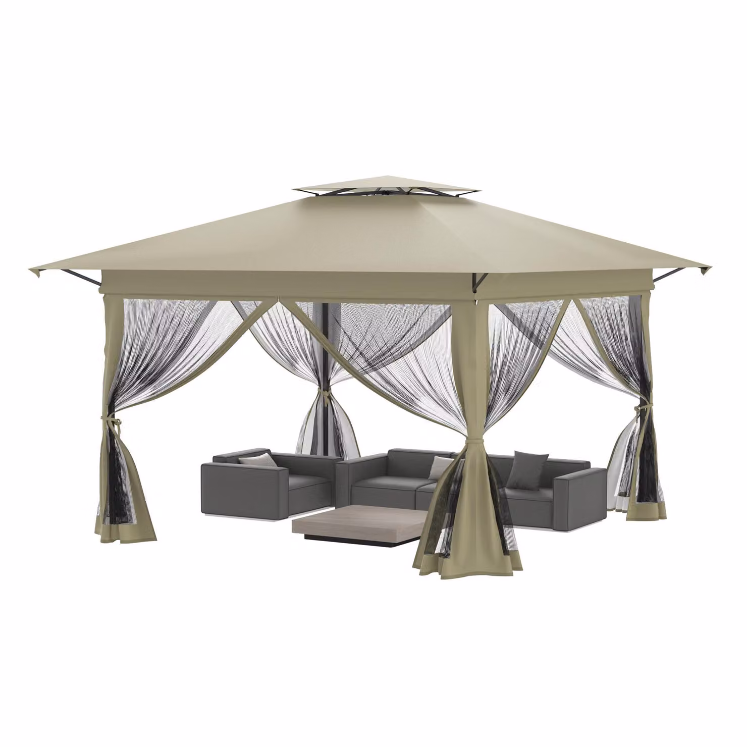 QEENTOE Gazebo pop-up da giardino, 4x4 metri, struttura in metallo con tetto a doppia protezione, 4 pannelli laterali con zanzariera, colore kaki, ideale per giardino, feste e bancarelle