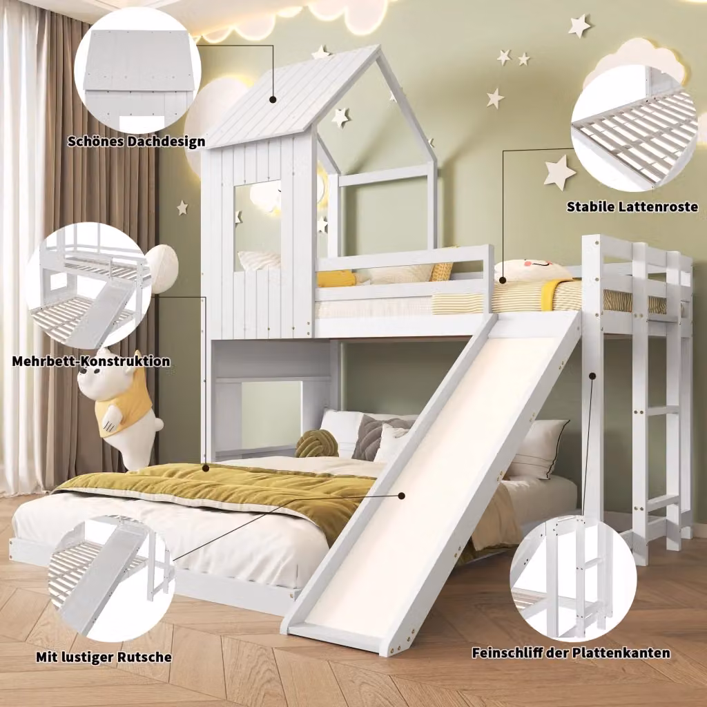 Letto a Castello Chicfurn per Bambini con Scivolo, Scala e Sponde, in Legno e MDF, Colore Bianco, Dimensioni: 90 x 200 cm – 2