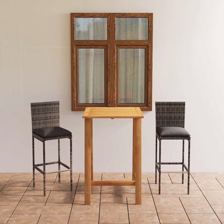 Set Bar da Giardino vidaXL in Polyrattan e Legno di Acacia con Cuscini, 3 Pezzi, Grigio Antracite