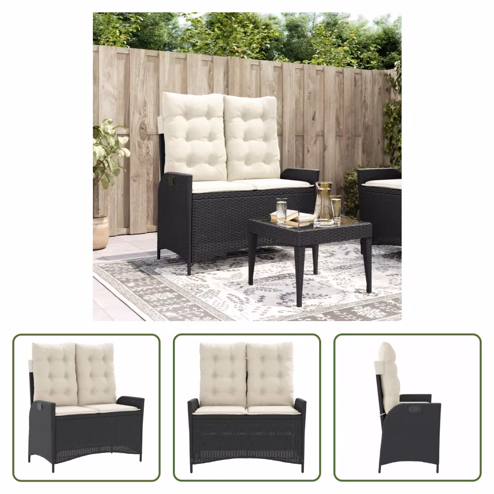 The Living Store Panca da giardino regolabile con cuscini in poly rattan nero