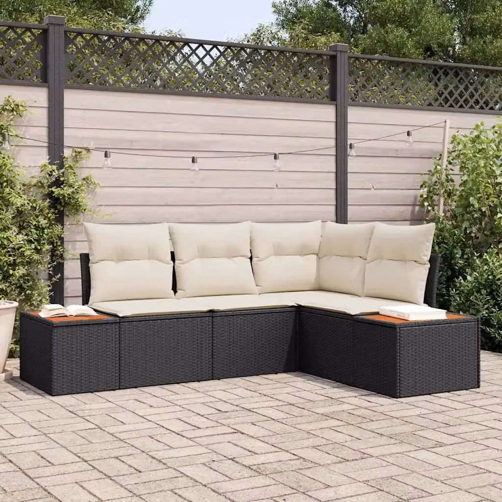 Set Divano da Giardino vidaXL 5 Pezzi a Forma di L con Cuscini Beige e Struttura in Acciaio Nero e Tavolino – 1