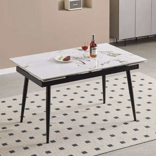 Tavolo Allungabile Veriaffari con Piano in Ceramica Bianca Lucida e Gambe in Metallo Nere L: 120 cm, P: 85 cm, H: 76 cm